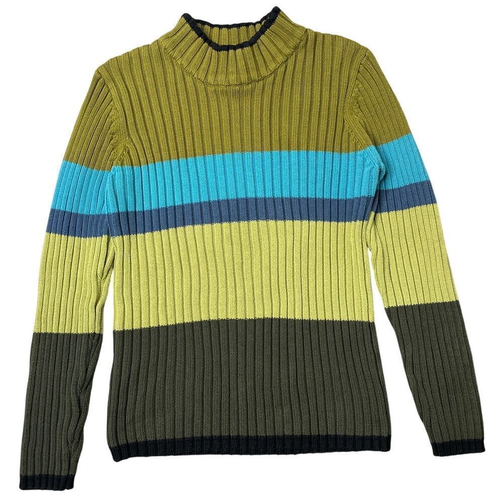 VTG Clio Ribbed Green Mockneck Colorblock Stripe Sweater 90s sz S Phoebe Buffay